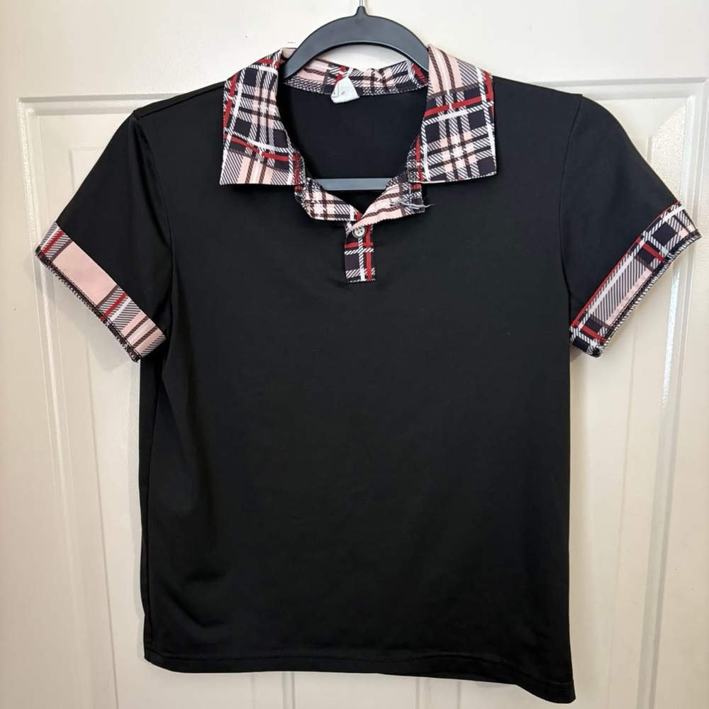 Girls SHEIN Black Polo with Plaid Accents